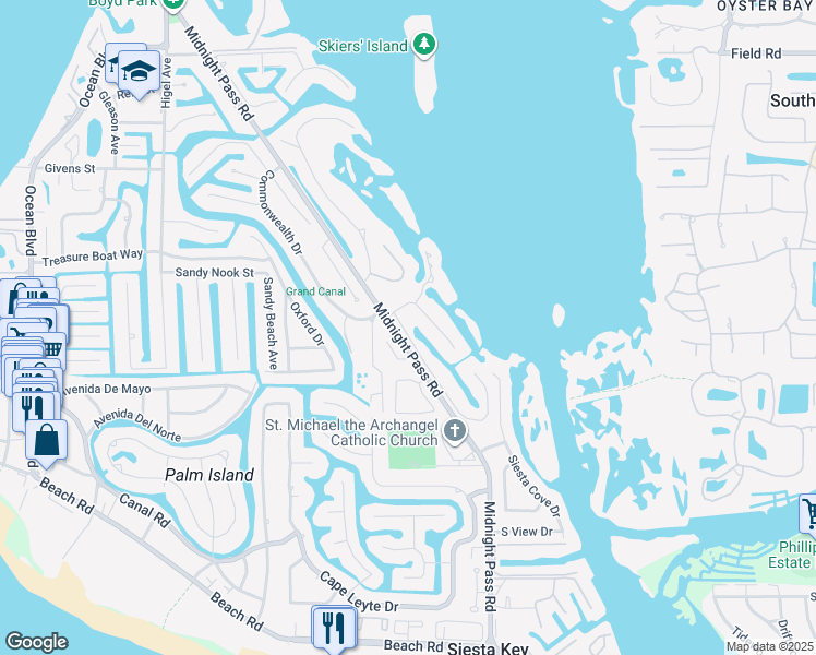 map of restaurants, bars, coffee shops, grocery stores, and more near 5175 Siesta Woods Drive in Siesta Key