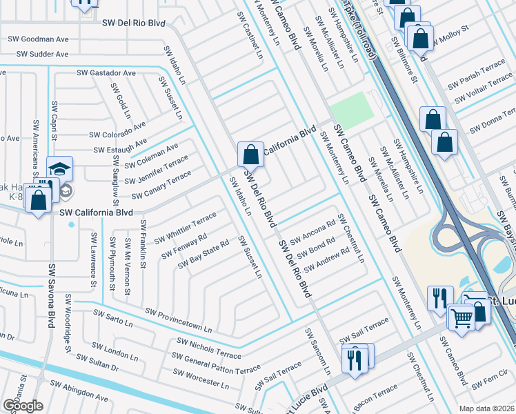 map of restaurants, bars, coffee shops, grocery stores, and more near 966 Southwest Del Rio Boulevard in Port St. Lucie