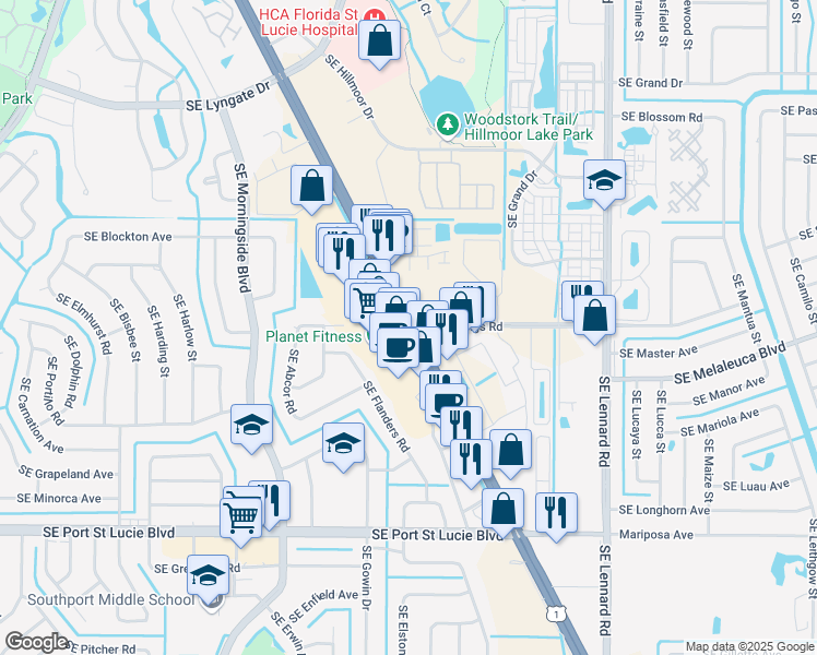 map of restaurants, bars, coffee shops, grocery stores, and more near US-1 & SE Jennings Rd in Port St. Lucie