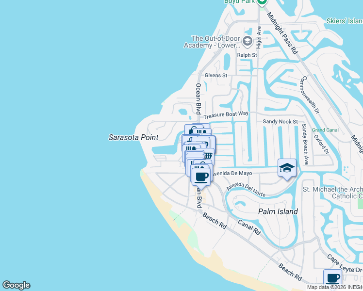 map of restaurants, bars, coffee shops, grocery stores, and more near 199 Whispering Sands Drive in Siesta Key