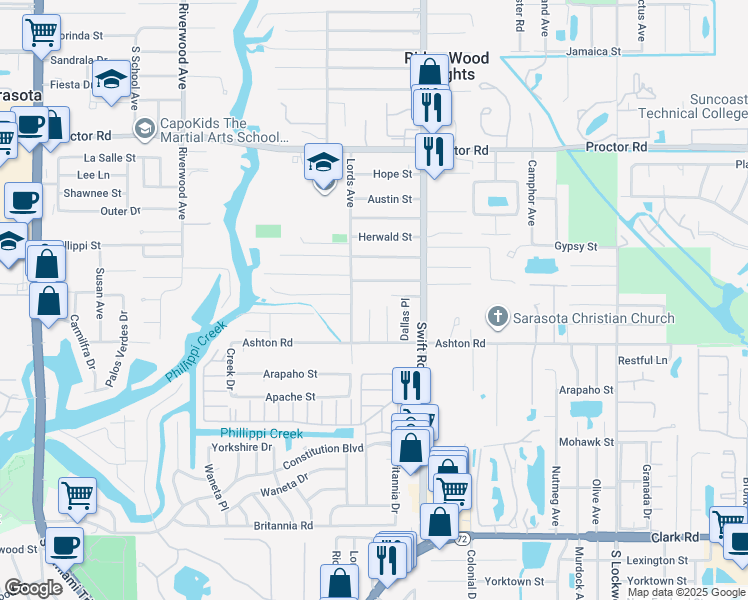 map of restaurants, bars, coffee shops, grocery stores, and more near 2620 Grafton Street in Sarasota