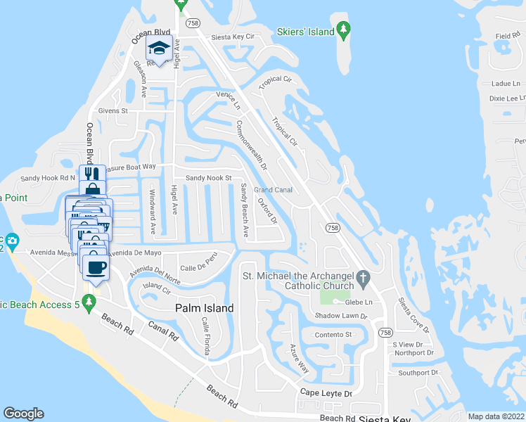 map of restaurants, bars, coffee shops, grocery stores, and more near 5105 Oxford Drive in Siesta Key