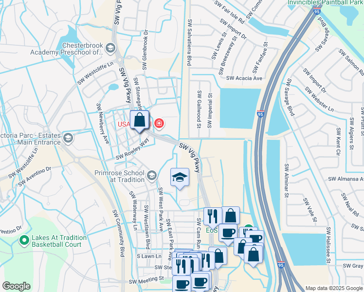 map of restaurants, bars, coffee shops, grocery stores, and more near 10214 Southwest Village Parkway in Port St. Lucie