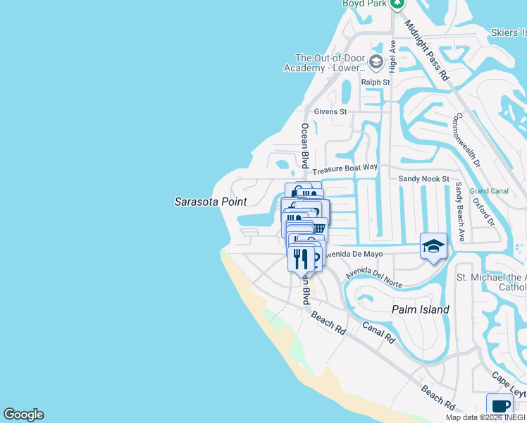 map of restaurants, bars, coffee shops, grocery stores, and more near 65 Sandy Hook Road South in Sarasota