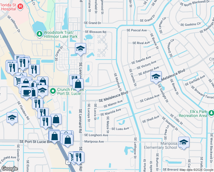 map of restaurants, bars, coffee shops, grocery stores, and more near 2342 Southeast Maslan Avenue in Port St. Lucie