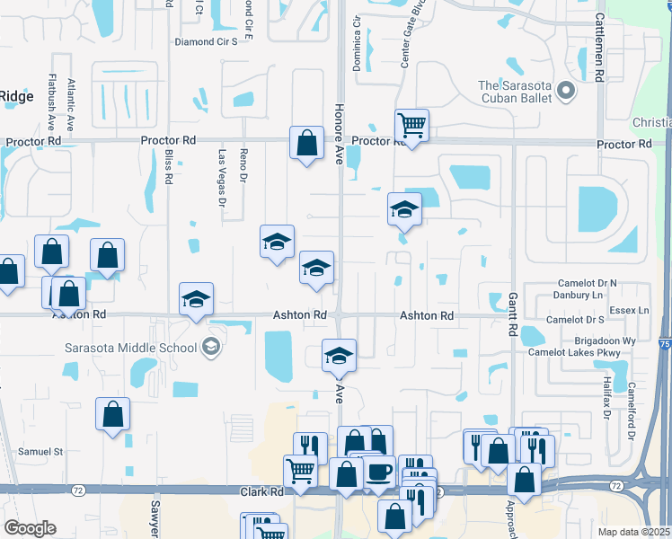 map of restaurants, bars, coffee shops, grocery stores, and more near 5251 Levi Lane in Sarasota