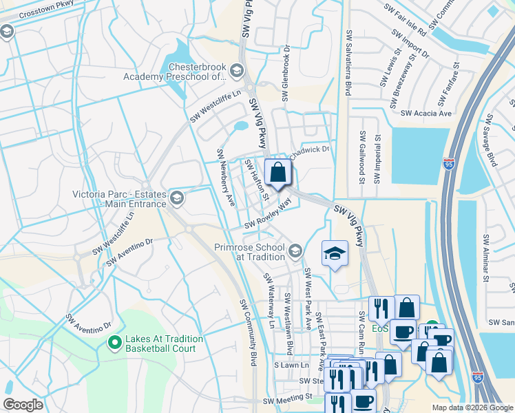 map of restaurants, bars, coffee shops, grocery stores, and more near 10189 Southwest Hafton Street in Port St. Lucie