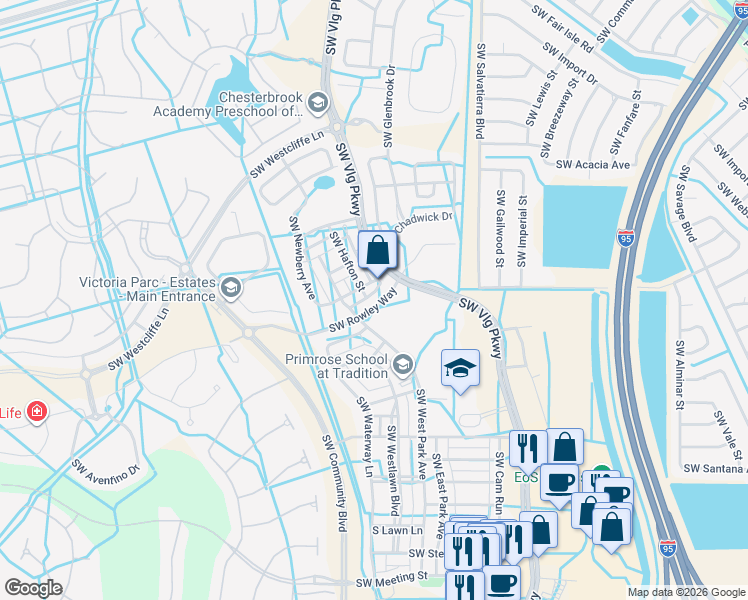 map of restaurants, bars, coffee shops, grocery stores, and more near 10251 Southwest Village Parkway in Port St. Lucie