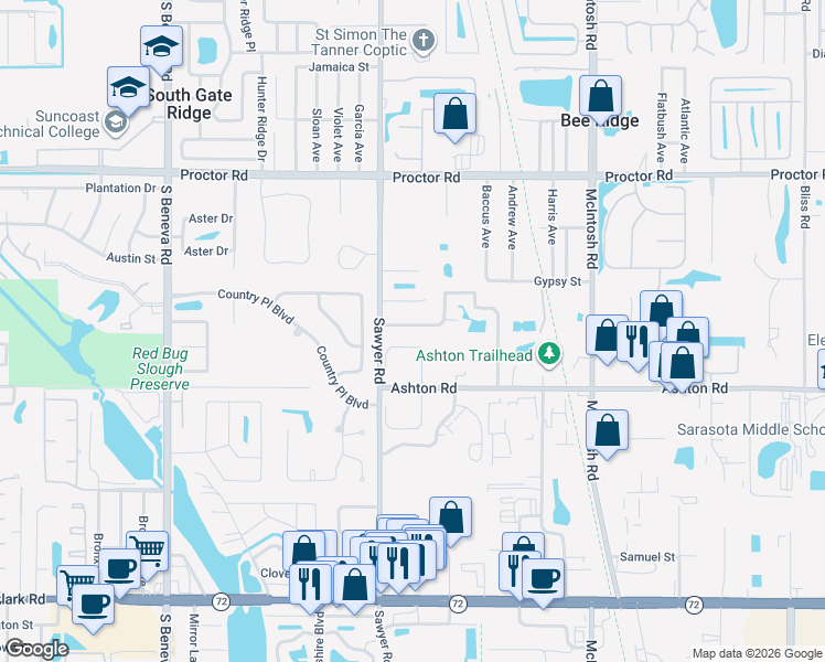 map of restaurants, bars, coffee shops, grocery stores, and more near 5045 Sawyer Road in Sarasota