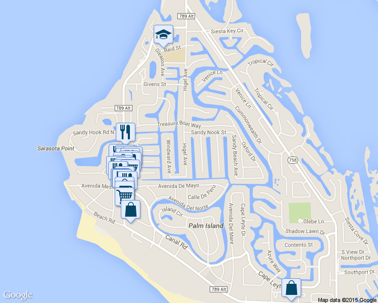map of restaurants, bars, coffee shops, grocery stores, and more near 5049 Higel Avenue in Siesta Key