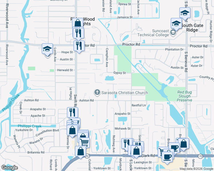 map of restaurants, bars, coffee shops, grocery stores, and more near 3047 Grafton Street in Sarasota