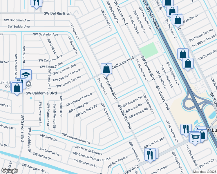 map of restaurants, bars, coffee shops, grocery stores, and more near 966 Southwest Del Rio Boulevard in Port St. Lucie