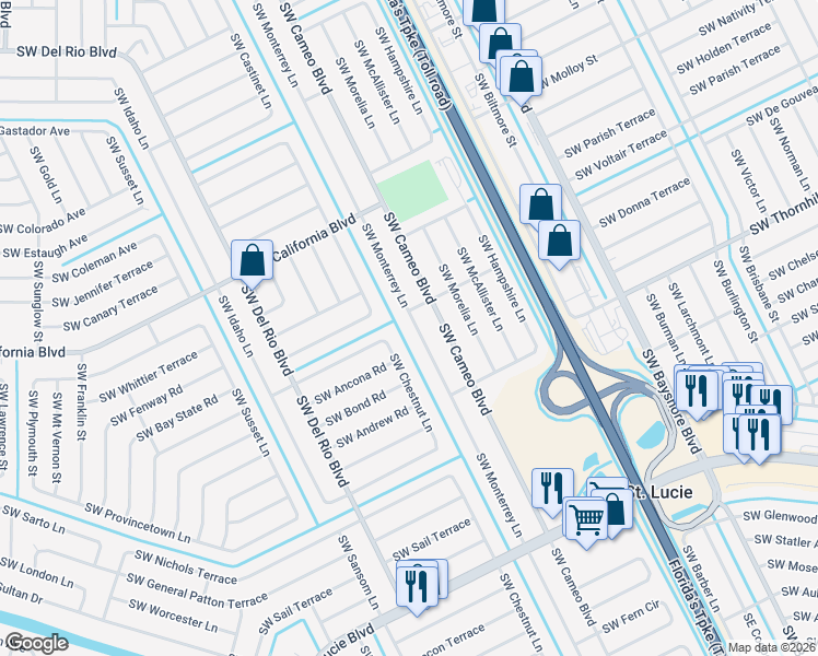 map of restaurants, bars, coffee shops, grocery stores, and more near 2109 Southwest Monterrey Lane in Port St. Lucie