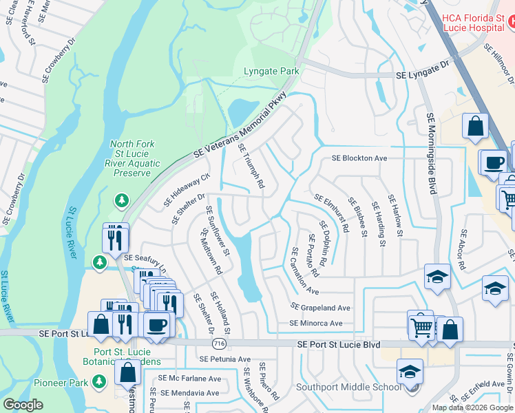 map of restaurants, bars, coffee shops, grocery stores, and more near 1901 Southeast Shelter Drive in Port St. Lucie