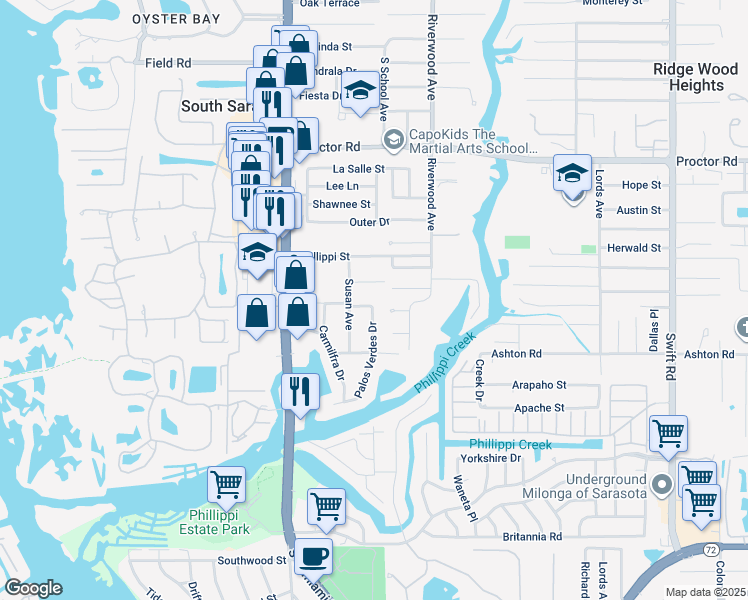 map of restaurants, bars, coffee shops, grocery stores, and more near 2227 Alvarado Lane in Sarasota