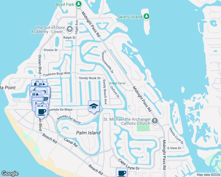 map of restaurants, bars, coffee shops, grocery stores, and more near 5105 Oxford Drive in Siesta Key