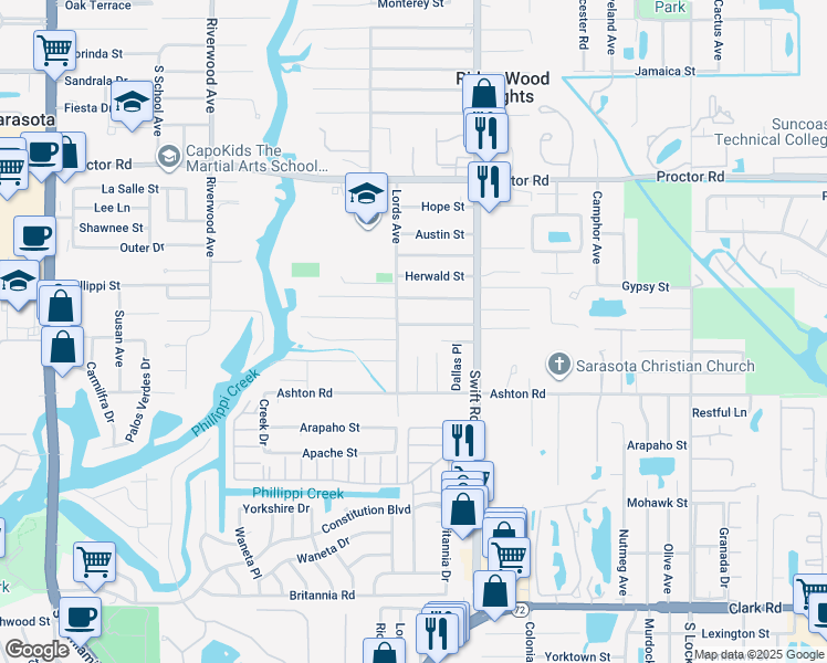 map of restaurants, bars, coffee shops, grocery stores, and more near 2620 Grafton Street in Sarasota