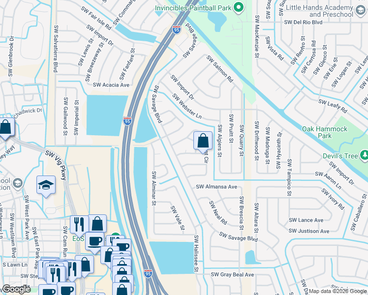 map of restaurants, bars, coffee shops, grocery stores, and more near 2102 Southwest Ranch Court in Port St. Lucie