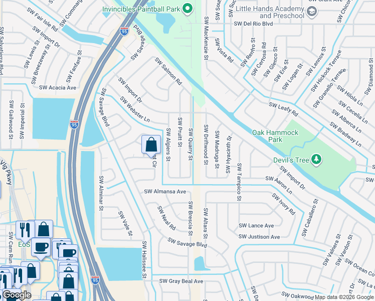 map of restaurants, bars, coffee shops, grocery stores, and more near 2141 Southwest Pruitt Street in Port St. Lucie