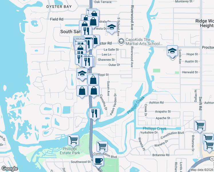 map of restaurants, bars, coffee shops, grocery stores, and more near 2139 Alvarado Lane in Sarasota