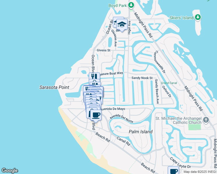 map of restaurants, bars, coffee shops, grocery stores, and more near 369 Avenida Leona in Siesta Key