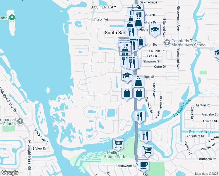 map of restaurants, bars, coffee shops, grocery stores, and more near 5086 Kestral Park Way South in Sarasota