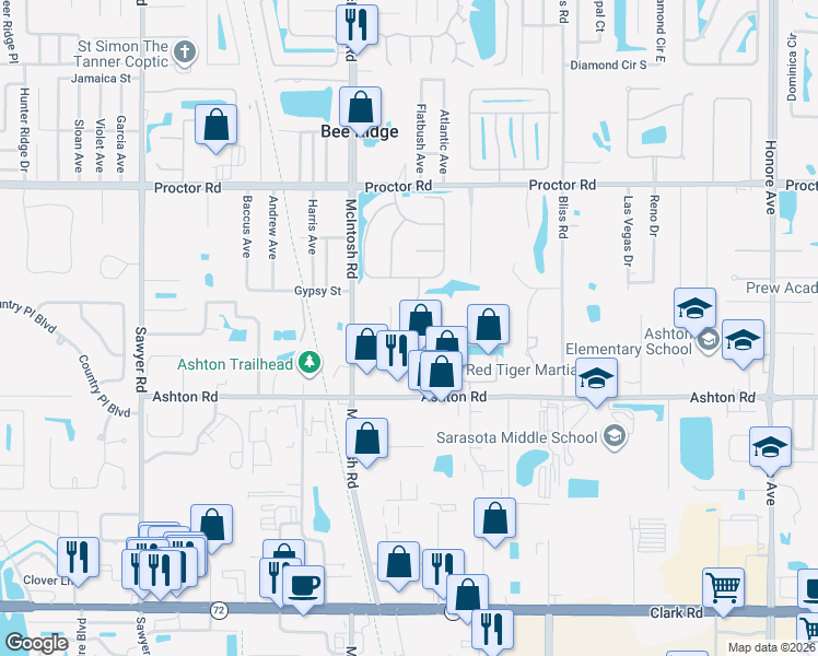 map of restaurants, bars, coffee shops, grocery stores, and more near 5021 Robinsong Road in Sarasota