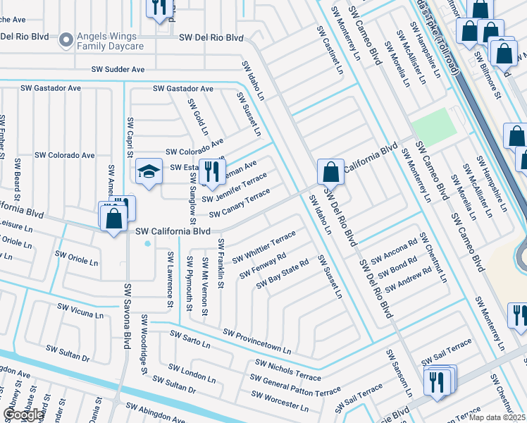 map of restaurants, bars, coffee shops, grocery stores, and more near SW California Blvd & SW Iowa Ln in Port St. Lucie