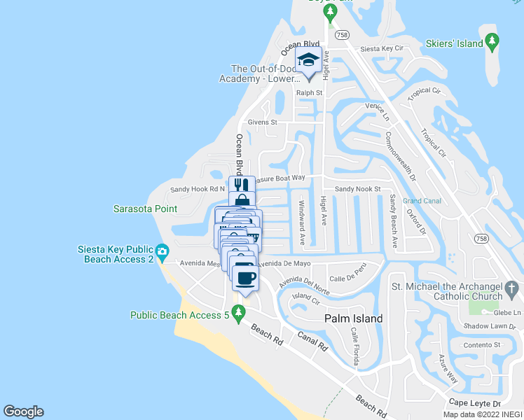 map of restaurants, bars, coffee shops, grocery stores, and more near 313 Avenida Leona in Siesta Key