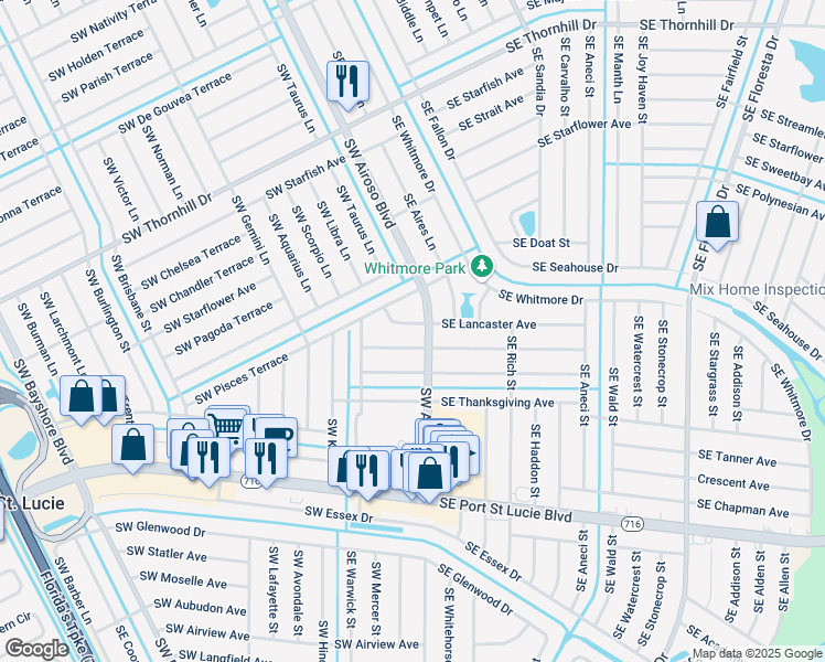 map of restaurants, bars, coffee shops, grocery stores, and more near 134 Southwest Lancaster Avenue in Port St. Lucie