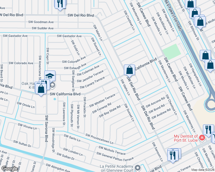 map of restaurants, bars, coffee shops, grocery stores, and more near 981 Southwest California Boulevard in Port St. Lucie