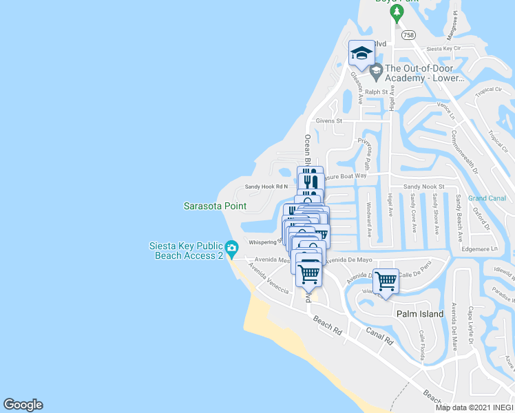 map of restaurants, bars, coffee shops, grocery stores, and more near 65 Sandy Hook Road South in Sarasota