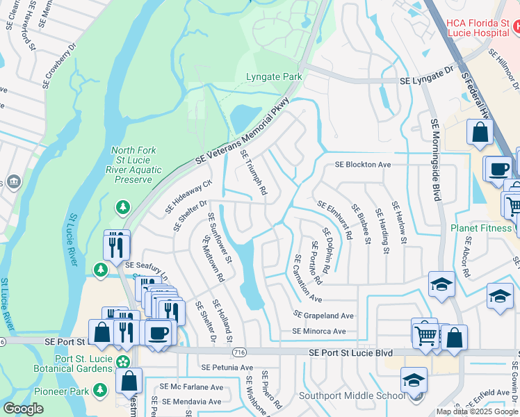 map of restaurants, bars, coffee shops, grocery stores, and more near 1901 Southeast Shelter Drive in Port St. Lucie
