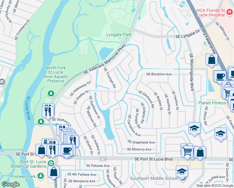 map of restaurants, bars, coffee shops, grocery stores, and more near 1901 Southeast Shelter Drive in Port St. Lucie
