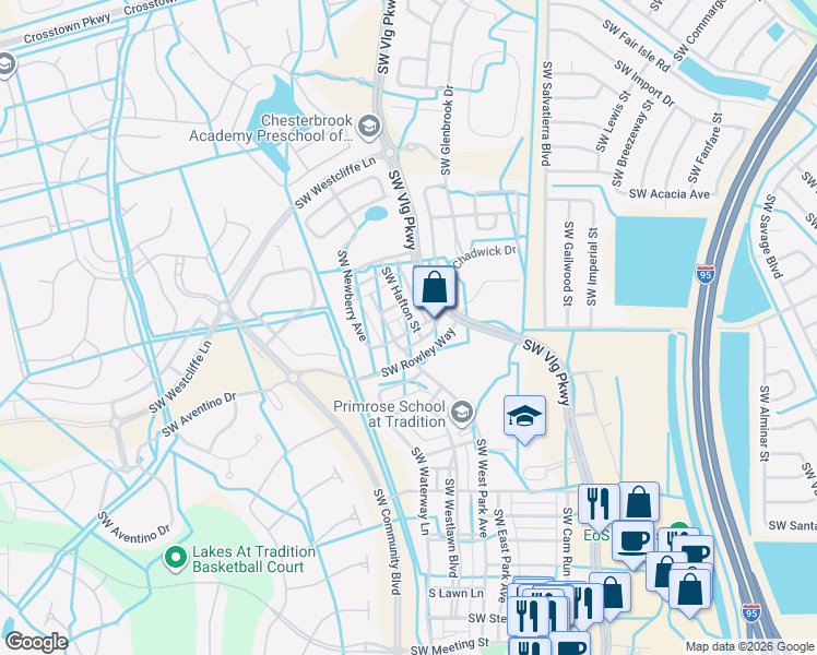 map of restaurants, bars, coffee shops, grocery stores, and more near 10189 Southwest Hafton Street in Port St. Lucie