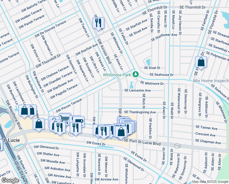 map of restaurants, bars, coffee shops, grocery stores, and more near 134 Southwest Lancaster Avenue in Port St. Lucie