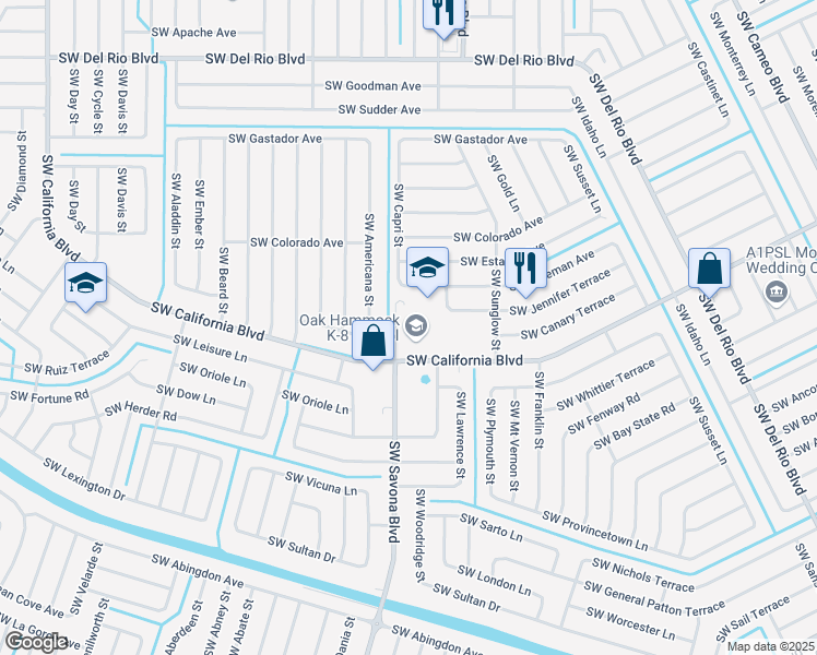 map of restaurants, bars, coffee shops, grocery stores, and more near 1251 Southwest California Boulevard in Port Saint Lucie