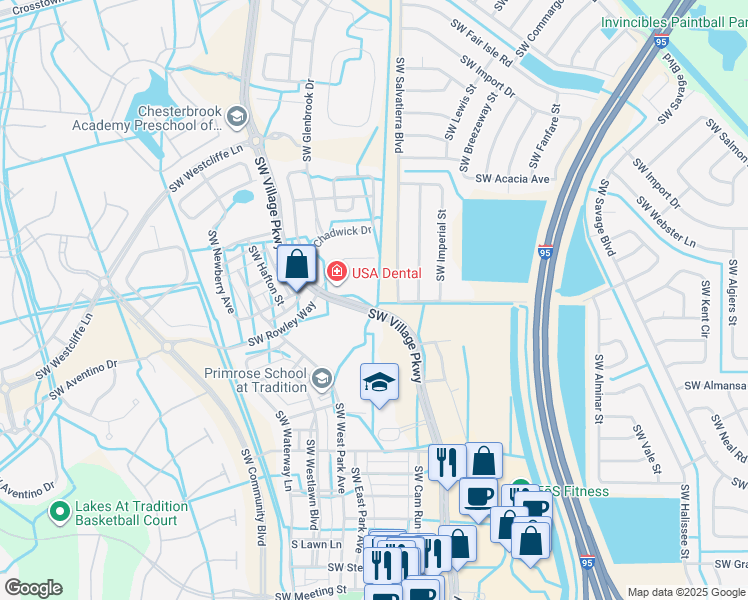 map of restaurants, bars, coffee shops, grocery stores, and more near 10214 Southwest Village Parkway in Port St. Lucie
