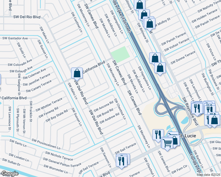 map of restaurants, bars, coffee shops, grocery stores, and more near 702 Southwest Arkansas Terrace in Port St. Lucie