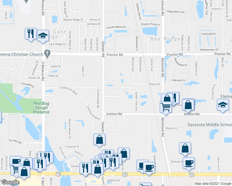 map of restaurants, bars, coffee shops, grocery stores, and more near 5045 Sawyer Road in Sarasota