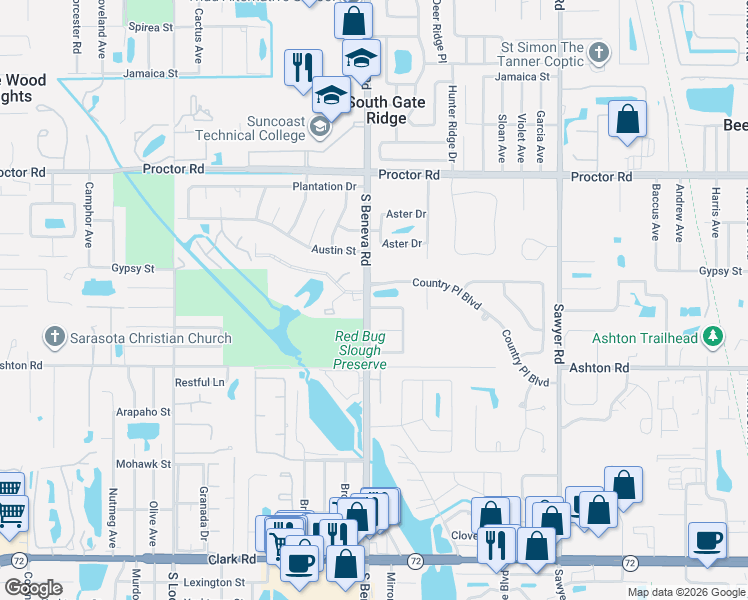 map of restaurants, bars, coffee shops, grocery stores, and more near 3605 Egerton Circle in Sarasota