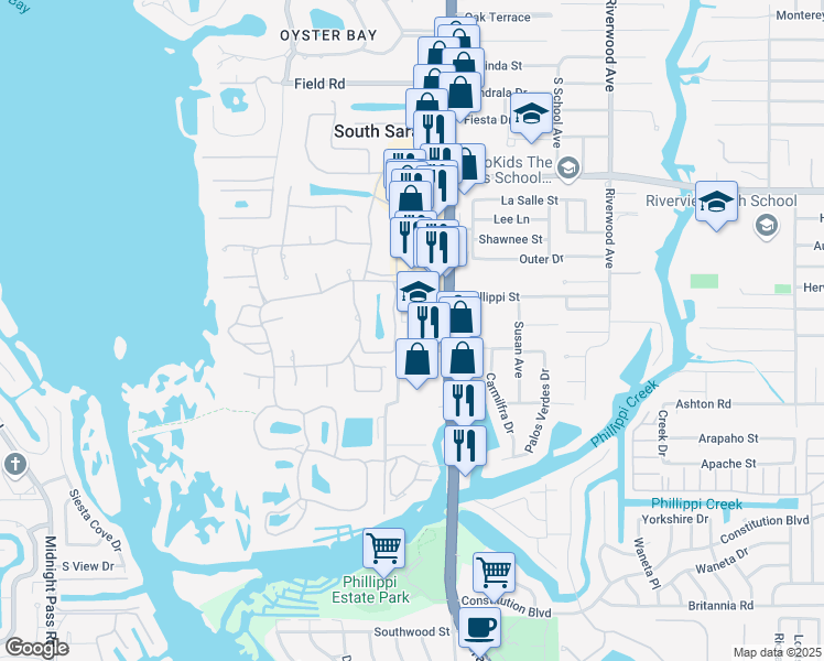 map of restaurants, bars, coffee shops, grocery stores, and more near 1960 Landings Boulevard in Sarasota