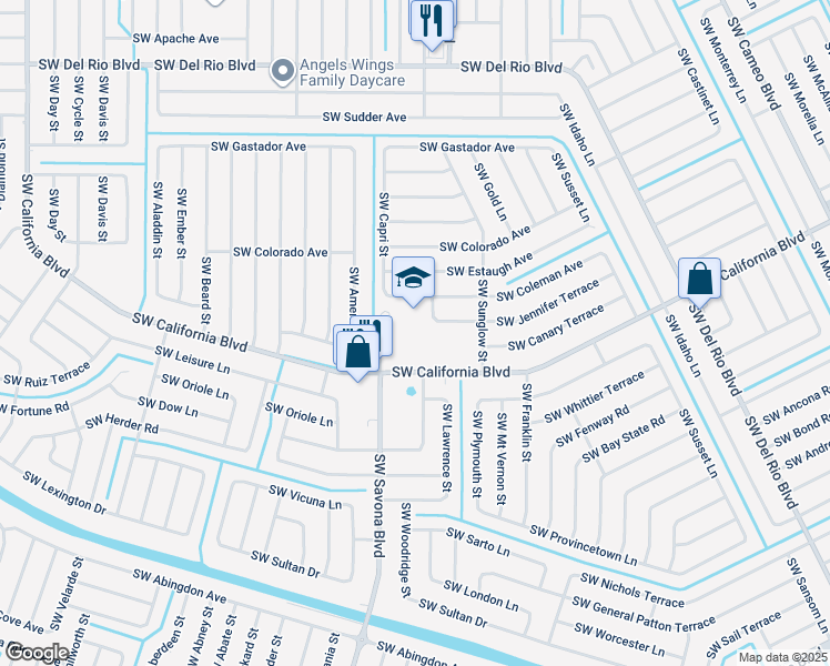 map of restaurants, bars, coffee shops, grocery stores, and more near 1251 Southwest California Boulevard in Port Saint Lucie