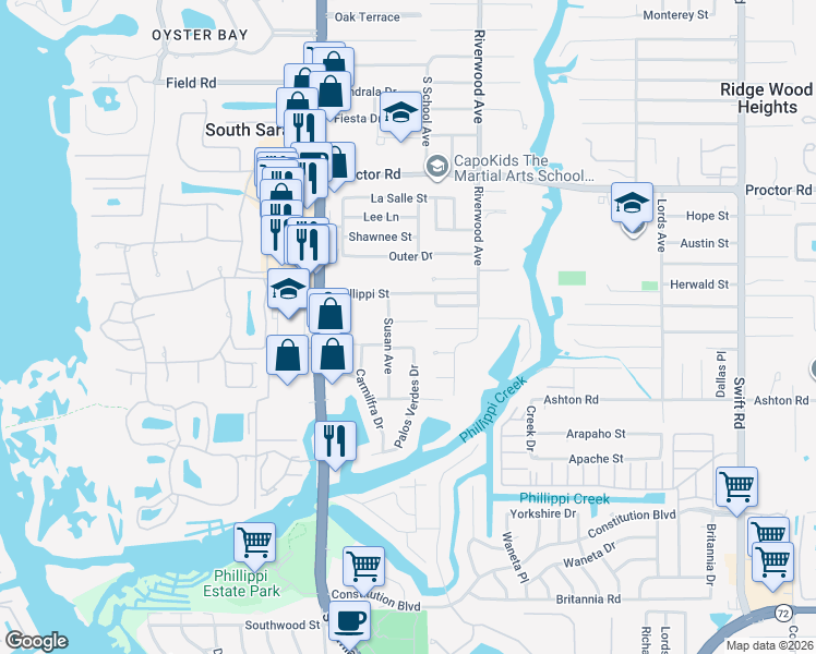 map of restaurants, bars, coffee shops, grocery stores, and more near 2218 Alice Road in Sarasota