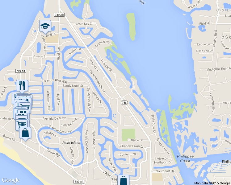 map of restaurants, bars, coffee shops, grocery stores, and more near 5085 Commonwealth Drive in Siesta Key