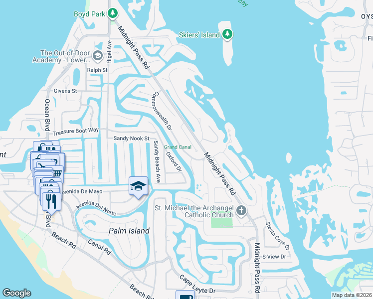 map of restaurants, bars, coffee shops, grocery stores, and more near 5024 Commonwealth Drive in Siesta Key