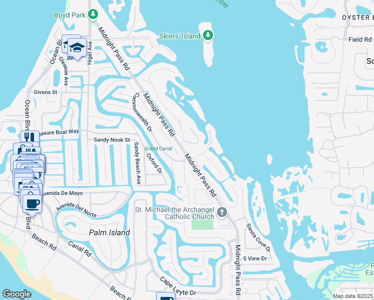 map of restaurants, bars, coffee shops, grocery stores, and more near 5045 Midnight Pass Road in Siesta Key