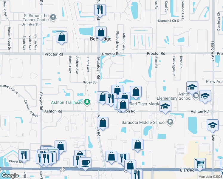 map of restaurants, bars, coffee shops, grocery stores, and more near 5021 Robinsong Road in Sarasota