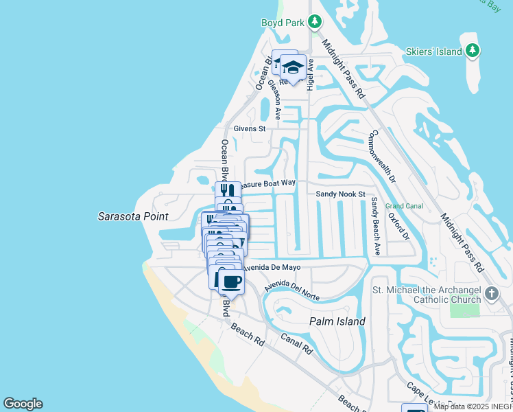 map of restaurants, bars, coffee shops, grocery stores, and more near 313 Avenida Leona in Siesta Key