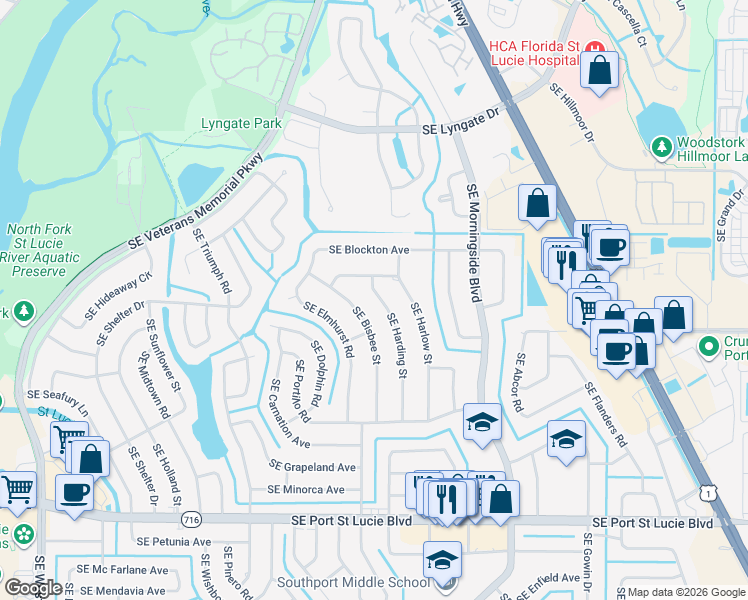 map of restaurants, bars, coffee shops, grocery stores, and more near 2048 Southeast Harding Street in Port St. Lucie